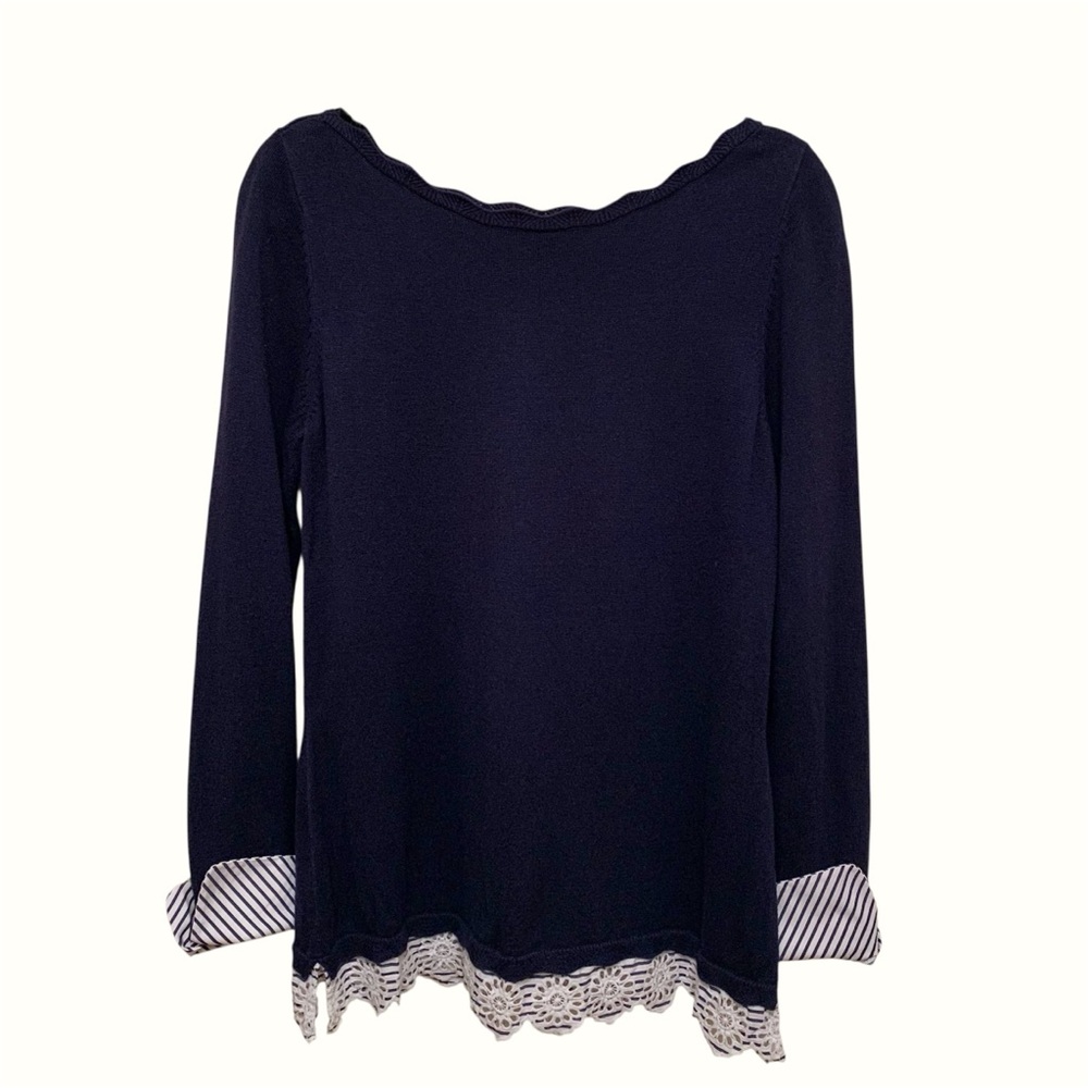 White House Black Market Dark Blue Striped Scallops Long Sleeve Sweater, Medium